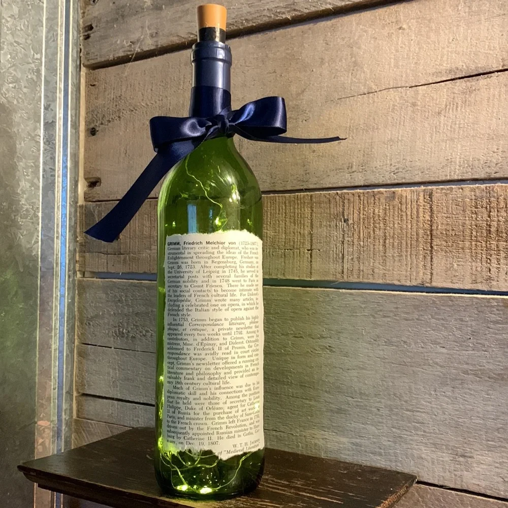 Handcrafted, up-cycled, decoupage Grimm Wine Bottle lantern
